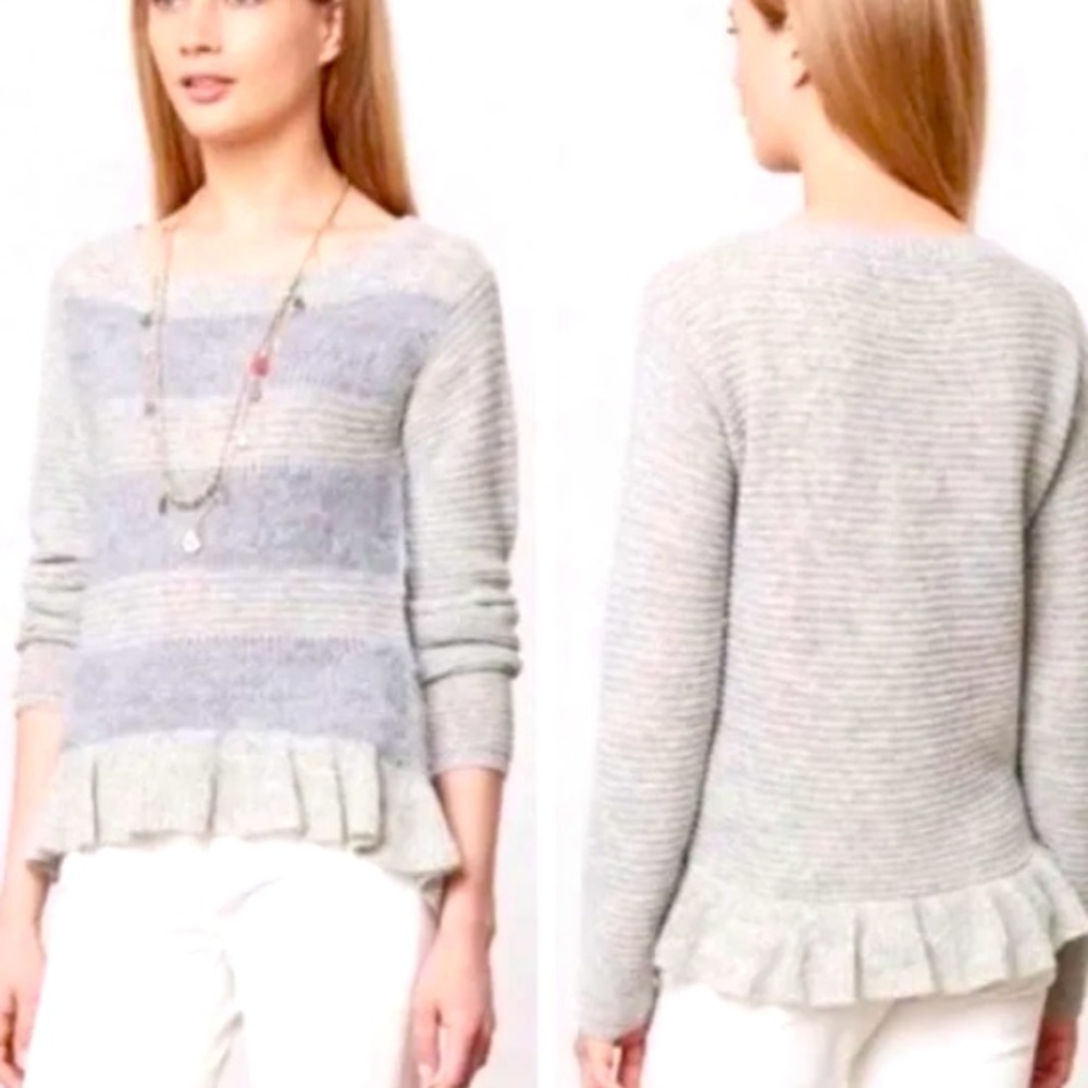 Anthropologie Sleeping on Snow Fringe Ruffle Gray Knit Wool Blend Sweater